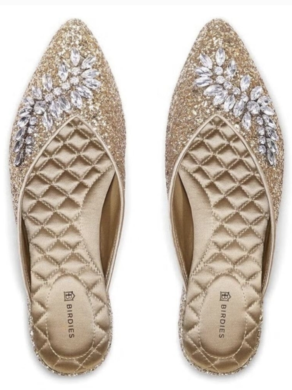 Birdies The Swan Jeweled Gold Sparkle Mule Slides NWOB Size 9.5 Glitter